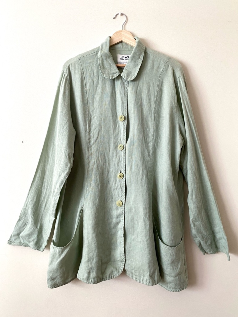 Flax 100% Sage Green Linen Button Front Tunic Shirt Top Long Sleeve Size L